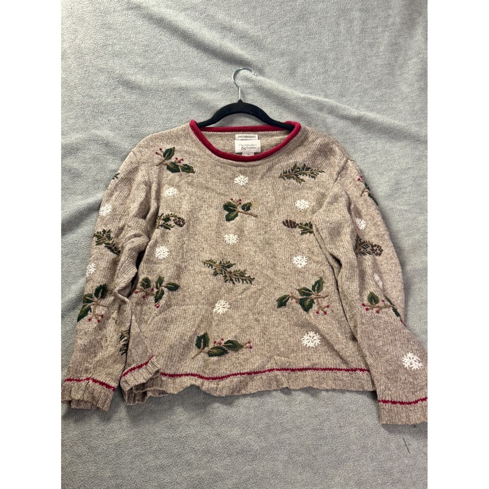 Christopher & Banks Hand Embroidered Winter Holly Snowflake Ramie Wool Sweater M